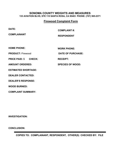 County Of Sonoma California Firewood Complaint Form Fill Out Sign