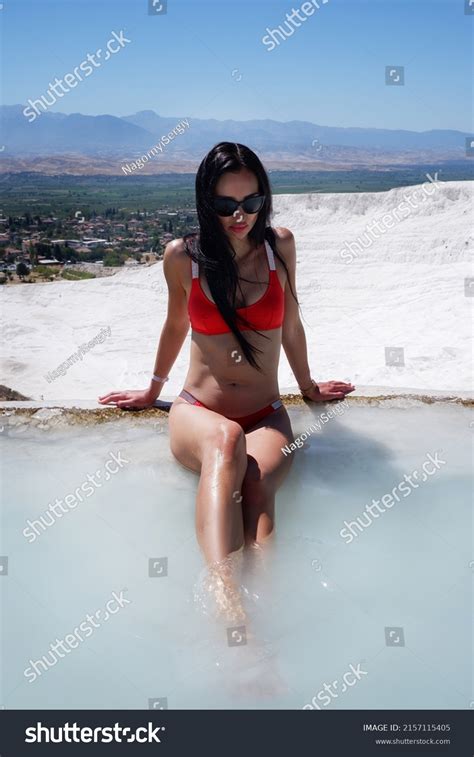 Sexy Brunette Posing Red Swimsuit Hot Stock Photo Shutterstock