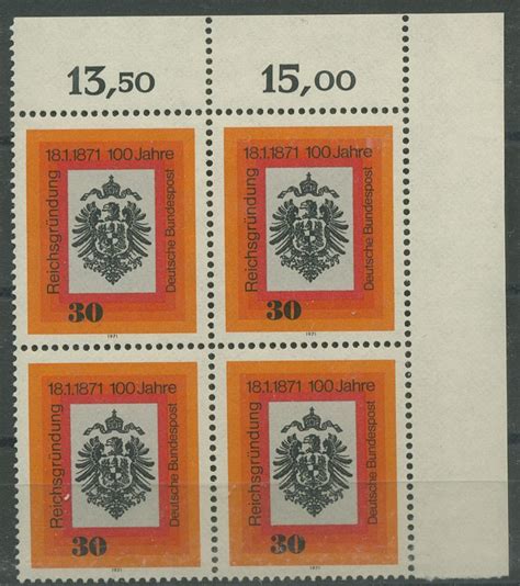 Bund 1971 Jahrestag der Reichsgründung 658 4er Block Ecke 2 postfrisch