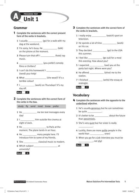 Solutions Pre Intermediate Progress Test A Pdf