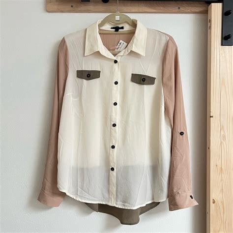 Mine Tops Nwt Mine Tanolivecream Colorblock Sheer Button Down