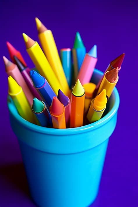 Various Colored Pens And Pencils Are Filled In The Yellow Cup