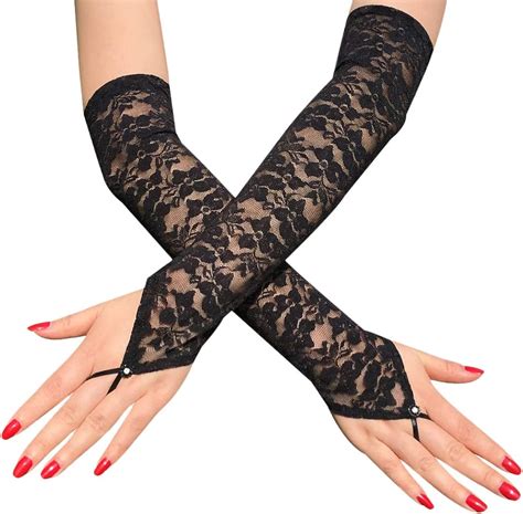 Seeksmile Women Bridal Long Floral Lace Finger Loop Gloves