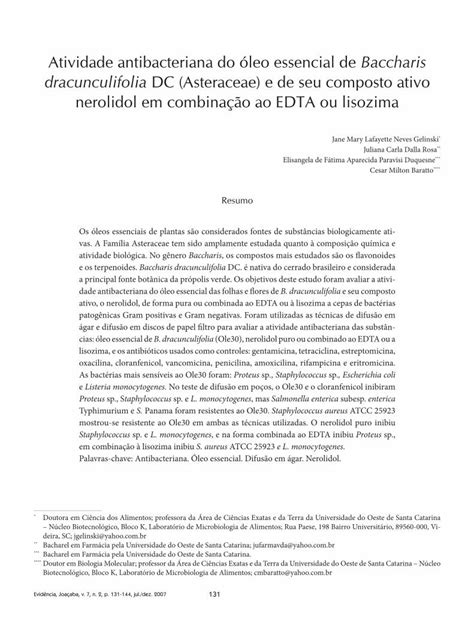 PDF Atividade antibacteriana do óleo essencial de Baccharis Os