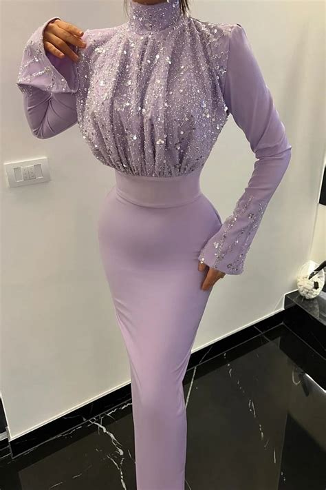 Bellasprom Lilac High Neck Long Sleeves Evening Dress Mermaid With