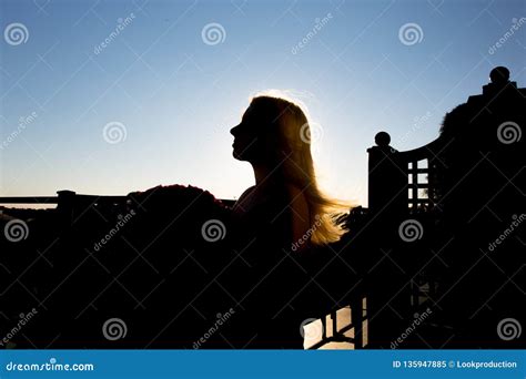 Young Blonde Woman Staying At Balcony Silhouette Stock Image Image Of Dress Caucasian 135947885