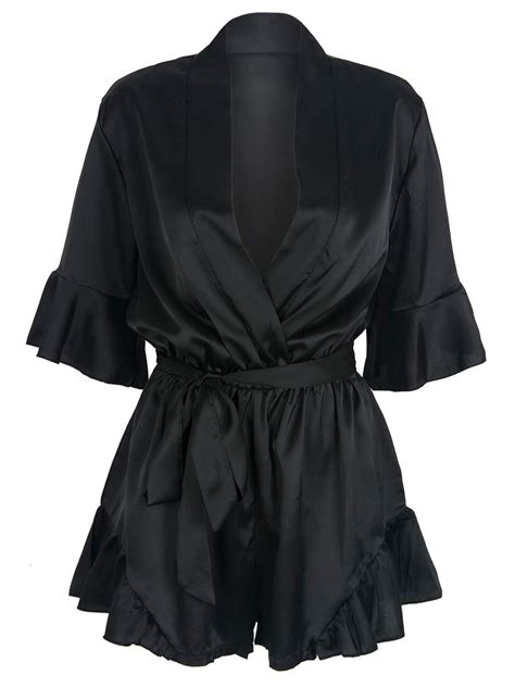 Black Wrap V Neck Ruffle Sleeve Tie Waist Sateen Romper Playsuit