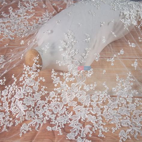 Sequinned Floral Embroidery Ivory Bridal Lace Fabric OneYard