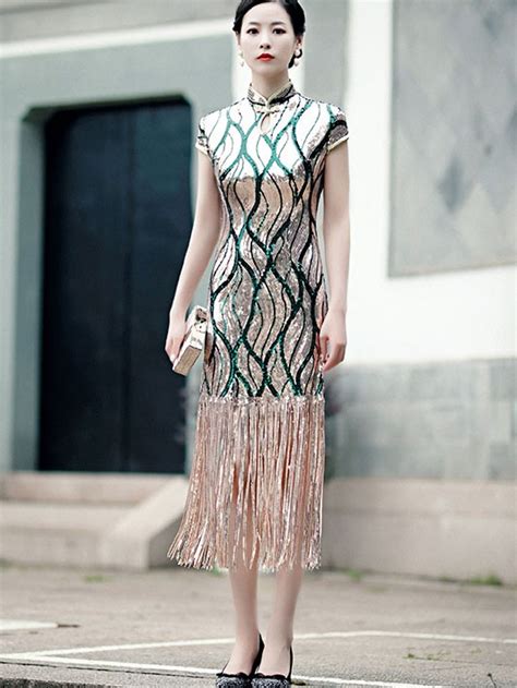 Green Stripe Sequined Qipao Cheongsam Dress With Tassels Hem