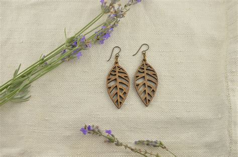 Geometric Leaf Earrings Wood Jewelry Boho Wood Earrings Etsy