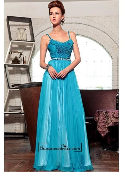 Attractive A Line Spaghetti Straps Raised Waist Blue Long Pleated