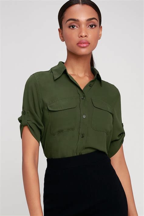 Cute Olive Green Top Button Up Top Short Sleeve Top Lulus