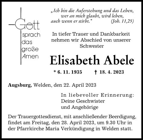 Traueranzeigen Von Elisabeth Abele Augsburger Allgemeine Zeitung