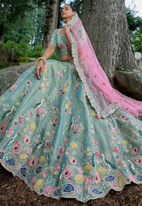 Buy Embroidered Art Silk Lehenga In Turquoise Online Lyc Utsav