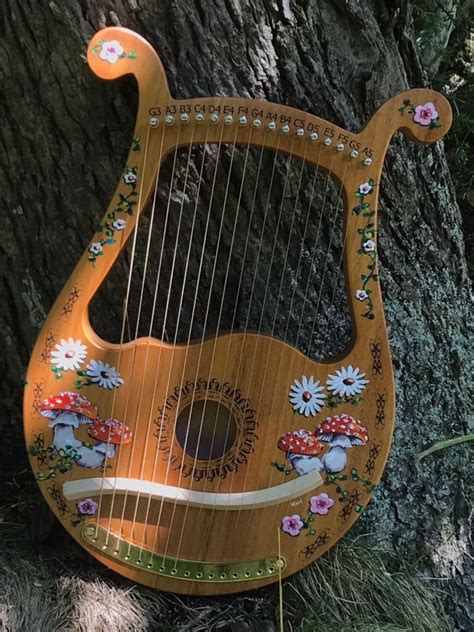 Hand Decorated Lyre Harp 16 String Grecian Mushroom And Daisy Design