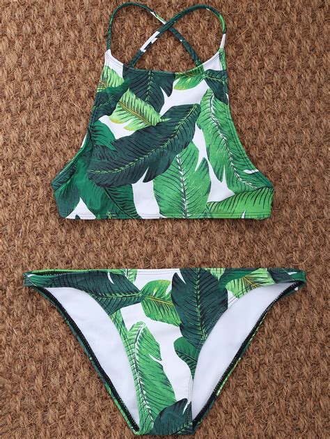 Off Palm Leaf Print High Neck Bikini In Green Zaful