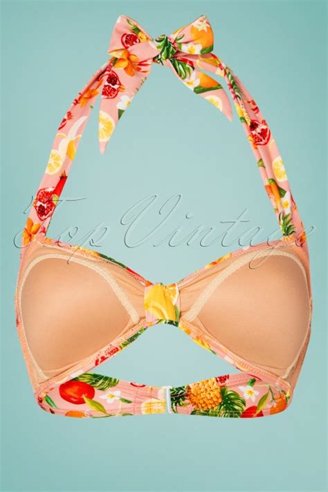 50s Classic Fruit Punch Bikini Top In Light Pink