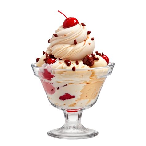 Sundae ice cream in glass bowl isolated on transparent background. AI