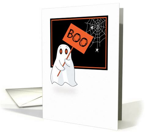 Ghost Holding A Boo Sign With Spider Web For Halloween Card 1384916