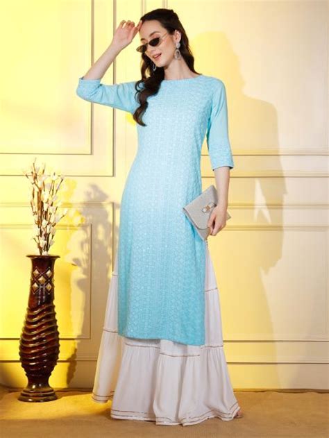 Buy The Fab Factory Women Blue Embroidery Rayon Single Kurta Online At