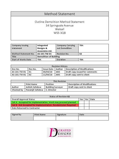 Method Statement Outline Demolition Method Statement 34 Springvale Avenue Walsall Ws5 3qb Pdf