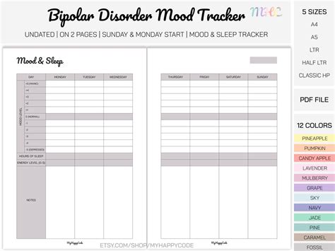 Undated Bipolar Disorder Mood And Sleep Tracker Printable Bipolar Disorder Mood Tracker