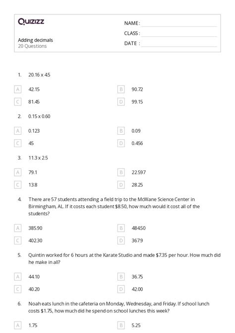 50+ Adding Decimals worksheets on Quizizz | Free & Printable