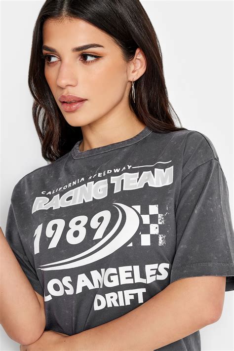 Pixiegirl Petite Womens Grey Acid Wash Racing Team Slogan Oversized T