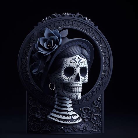 Um modelo 3d do crânio de catrina renderiza o dia dos mortos fundo