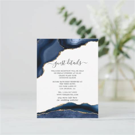 Navy And Gold Agate Wedding Guest Details Enclosure Card Zazzle