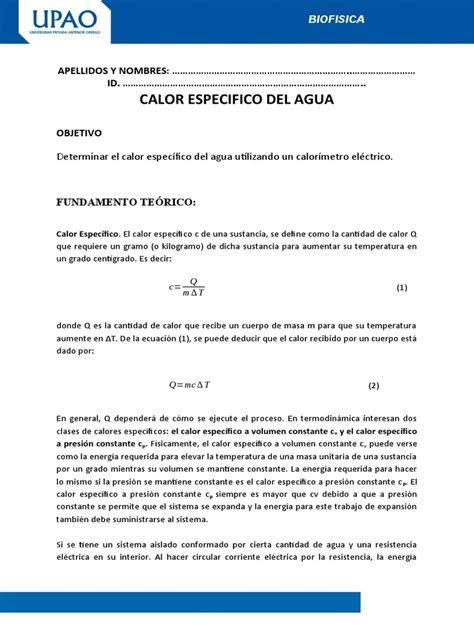 Calor Especifico Del Agua | PDF | Calor | Temperatura