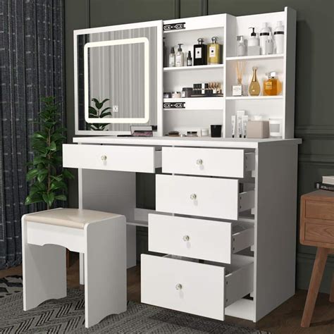 5 Drawers White Wood Led Push Pull Mirror Makeup Vanity Sets Dressing Table Sets With Stool And