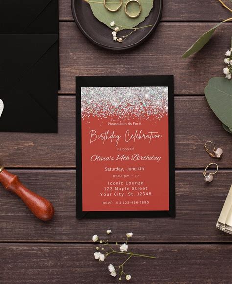 Editable Birthday Invitation Template Red Glitter Birthday Invite Any