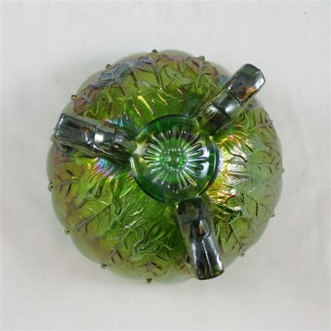 Antique Northwood Green Leaf And Beads Wsunflower Carnival Glass Rose Bowl Carnival Glass