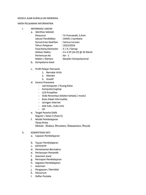 Kerangka Modul Ajar Kurikulum Merdeka Pdf