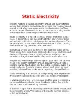 Static Electricity Reading Comprehension Multiple Choice Q A Quiz