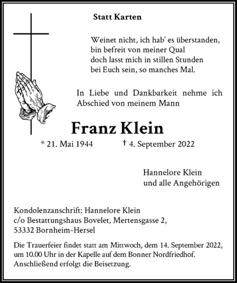 Traueranzeigen Von Franz Klein GA Trauer De