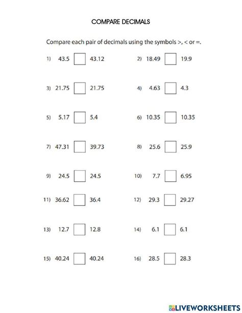 Compare And Order Decimals Exercise Live Worksheets Worksheets Library