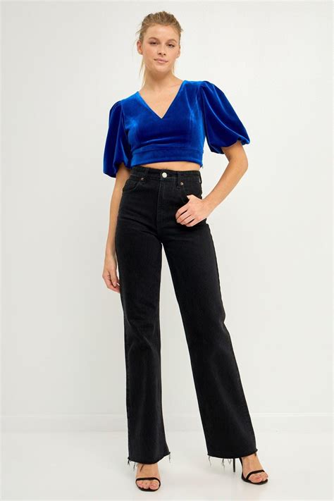 Endless Rose Cropped Velvet Puff Sleeve Top In Blue Lyst