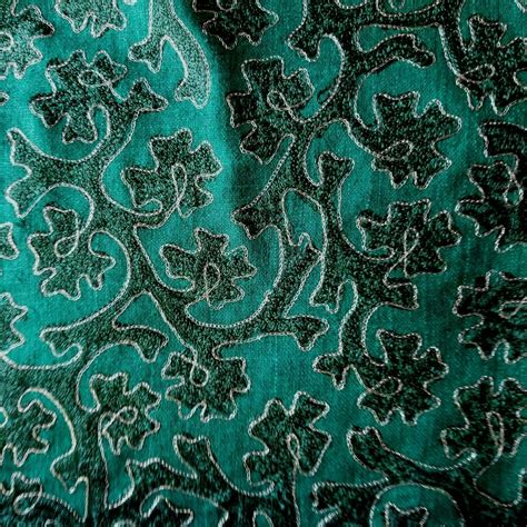 Deep Emerald Green Embroidered Raw Silk Suiting Edged W Metallic Gold