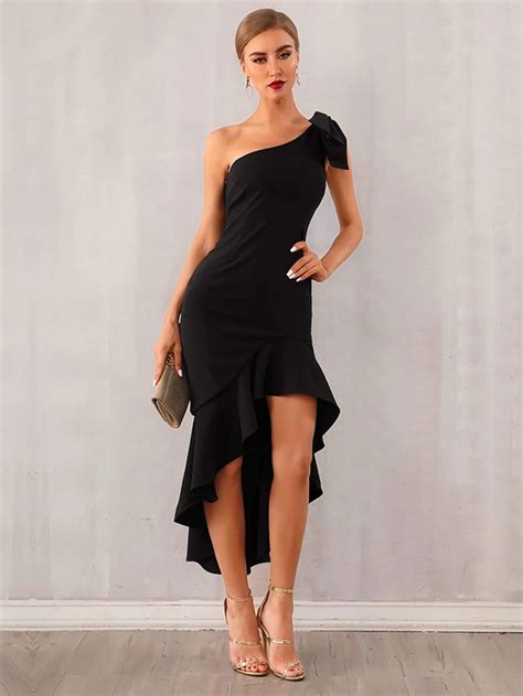 One Shoulder High Low Ruffle Hem Knotted Black Midi Dress Bodycon Dress With Sleeves Black