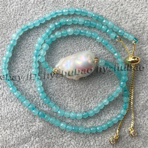 Mm Blue Aquamarine Faceted Round Beads Baroque Keshi Pearl Pendant