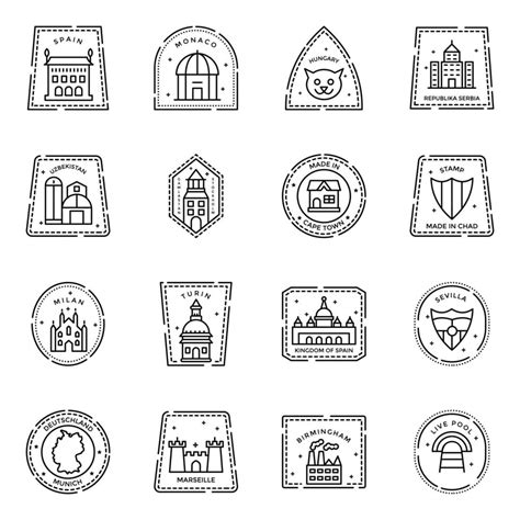 Variety Of Linear International Passport Stamps Icons Vector