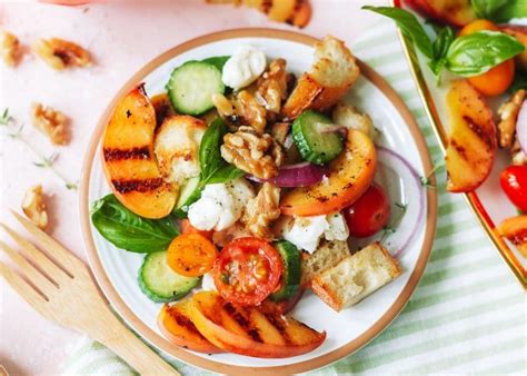 Grilled Peach Panzanella Salad With Toasted Walnuts Pizzazzerie