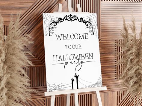 Editable Halloween Party Welcome Sign Minimalist Spooky Spiderweb Costume Party Gothic Party