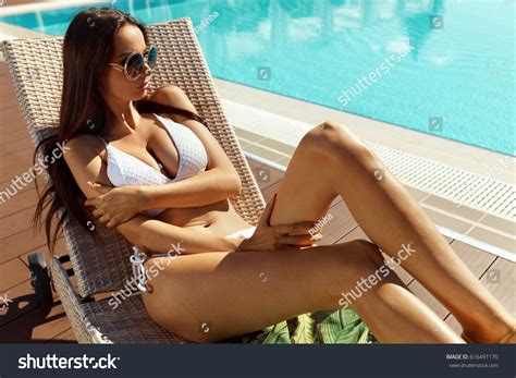 Sexy Woman Bikini Sunbathing Near Swimming Stock Photo Edit Now 616491170