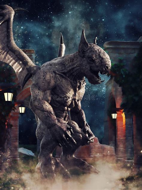 fantasy gargoyle   ruins  night stock illustration