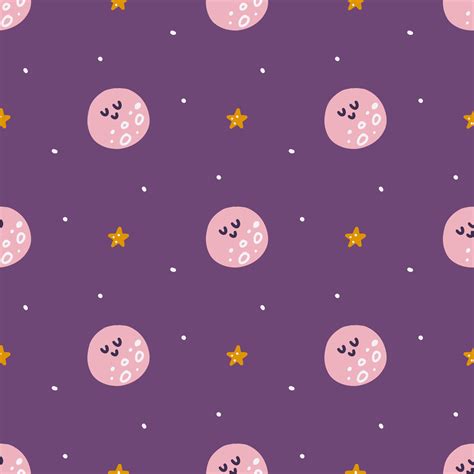 Cute Cartoon Planet With Stars On Purple Background Vector Seamless