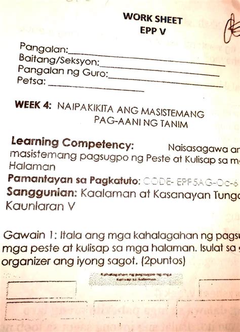 SOLVED Kahalagahan Ng Pagsugpo Ng Kulisap Sa Mga Halaman WORK SHEET