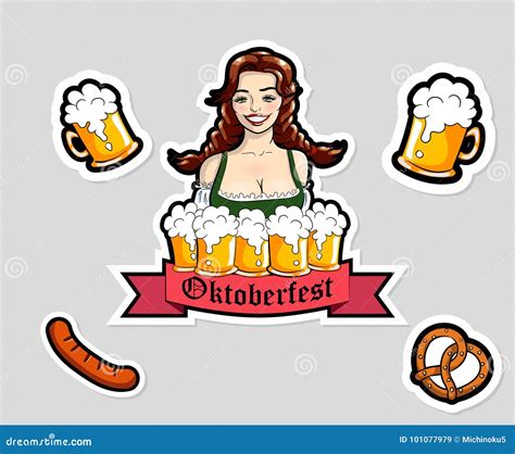 Vector Illustration Of Waitress With Mugs Of Beer Oktoberfest Stickers